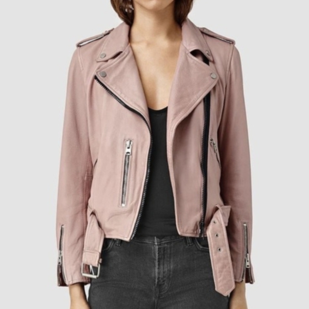 All Saints Wyatt Zip Nude Beige Blush Pink Biker Jacket Size 0